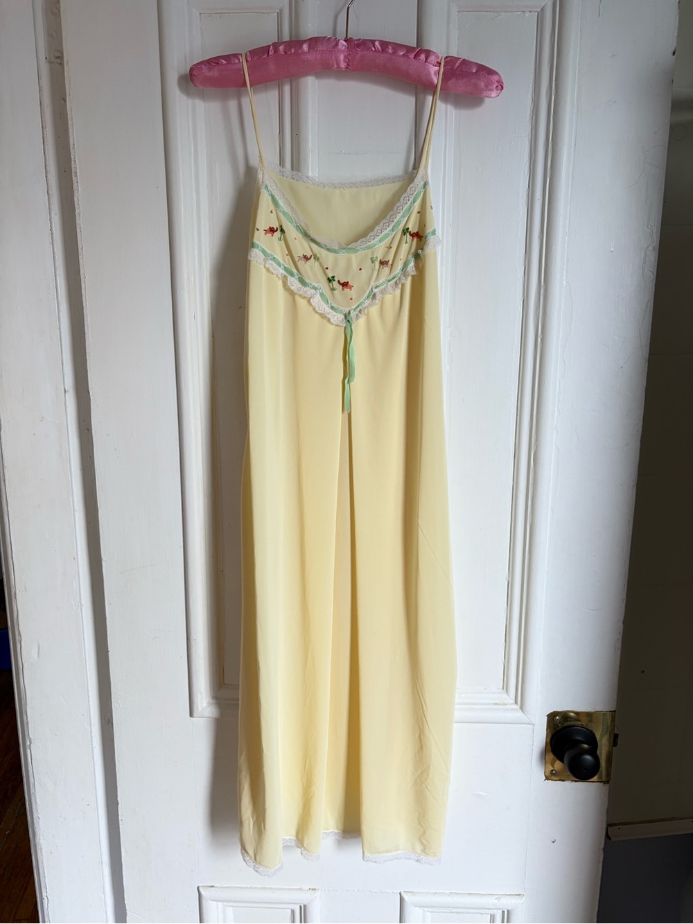 Vintage Butter Yellow Nylon Slip Dress with Embroidered Elephant Details - Picture 9 of 9